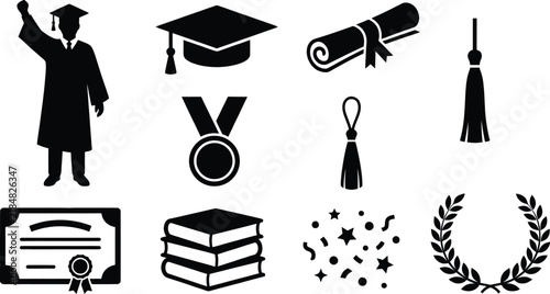 Graduation icons set with flat black silhouettes for academic achievement design elements and academic ceremonies.	
