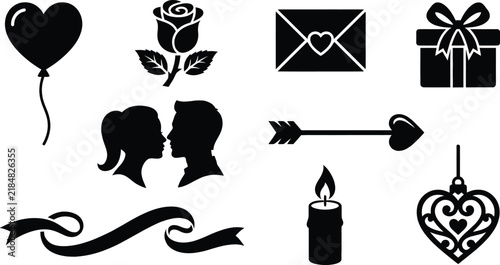 Valentine day icon set featuring black heart balloon rose flower envelope and couple silhouette for romantic celebration design.	
