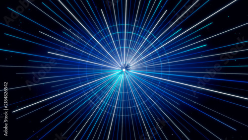 Abstract Blue Radial Light Burst with Glowing Center and Dynamic Energy Lines on Dark Background, Futuristic Digital Technology and Speed Concept