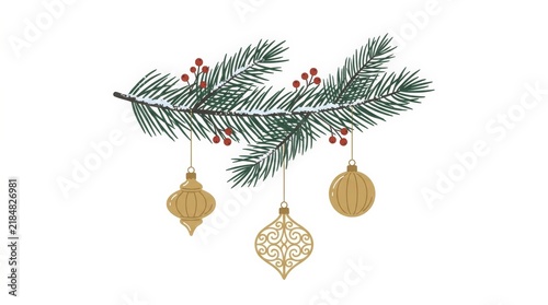 Snowy pine branch with red berries and three hanging gold ornaments
