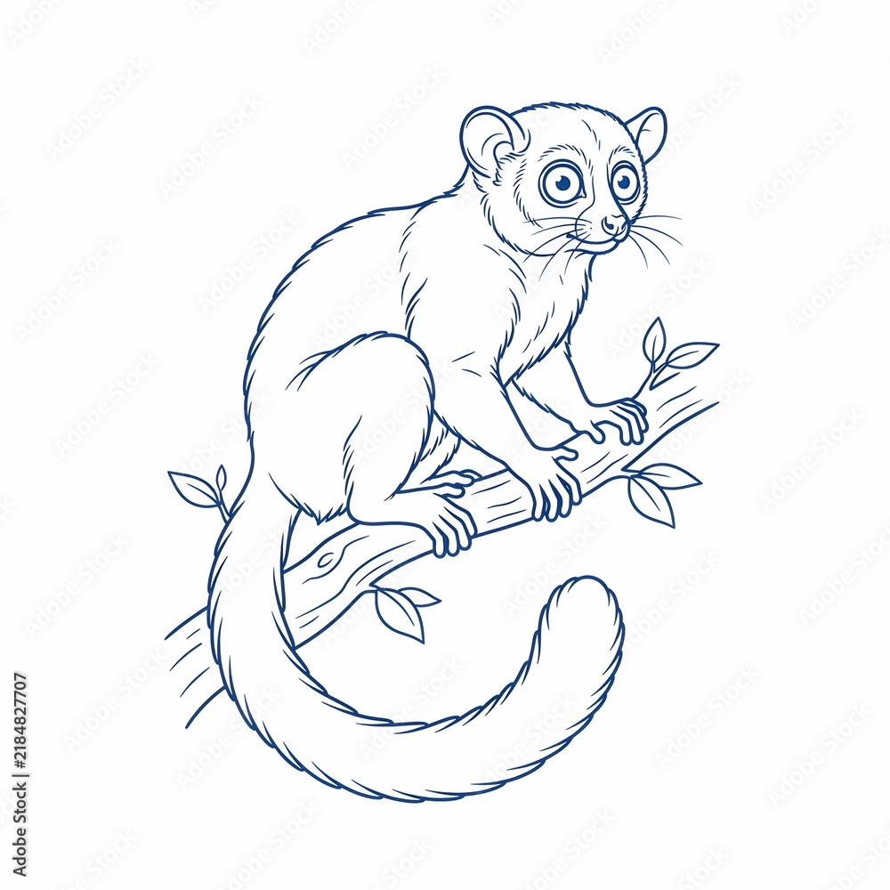 Obraz premium Cute Blue Line Art Illustration of a Slow Loris Sitting on a Branch