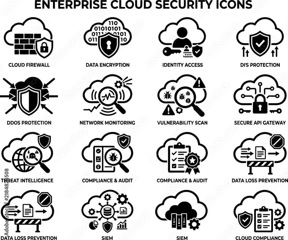 Obraz premium Enterprise Cloud Security Icon Set – 20 Black Line Vector Icons for Cybersecurity and Network Protection