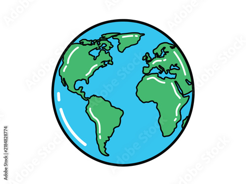 Simple cartoon earth globe icon with green continents and blue ocean