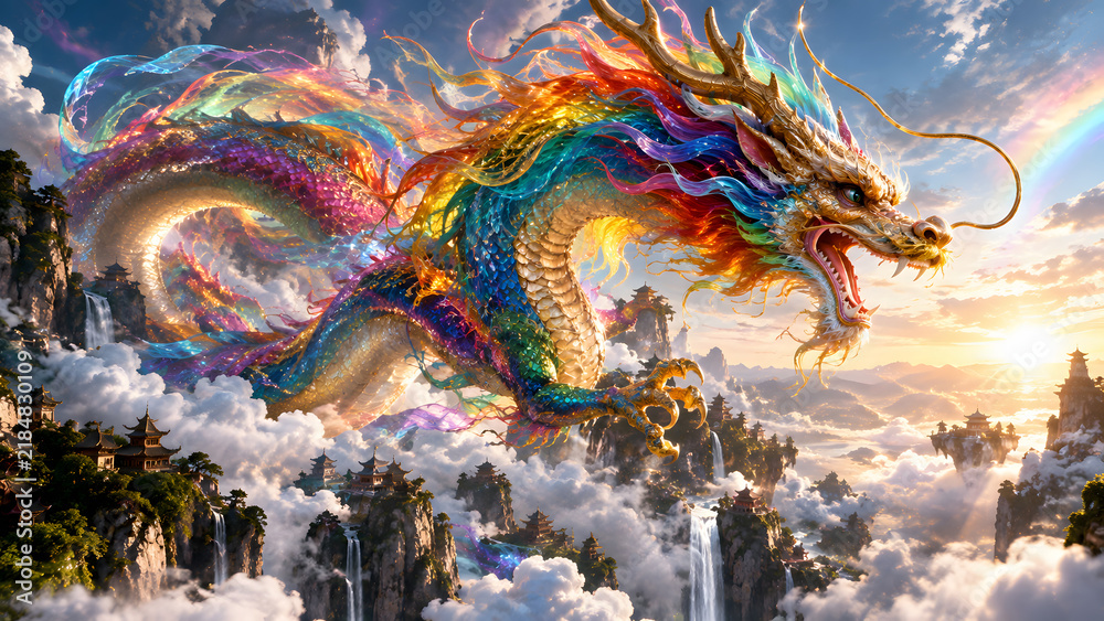 Obraz premium Mythical Rainbow Dragon in Colorful 3D Style – Vibrant Magical Fantasy Creature Character Illustration