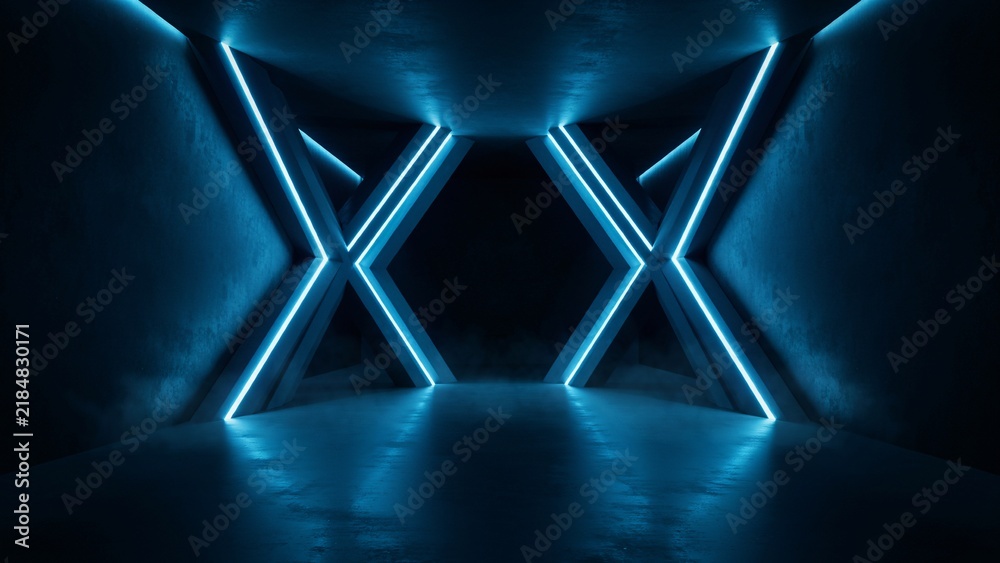 Fototapeta premium Dark tunnel interior with x-shaped glowing blue neon light frames