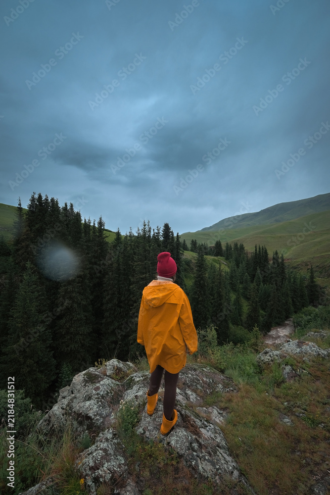 Obraz premium A person in a bright yellow raincoat and red beanie stands on a rocky cliff looking at a dense pine forest under a dramatic cloudy sky. 