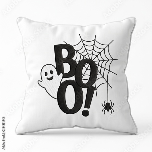 Spooky Halloween BOO Cushion with Black Lettering and Spiderweb Design.