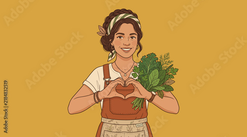 Woman Holding Fresh Herbs Vector Illustration