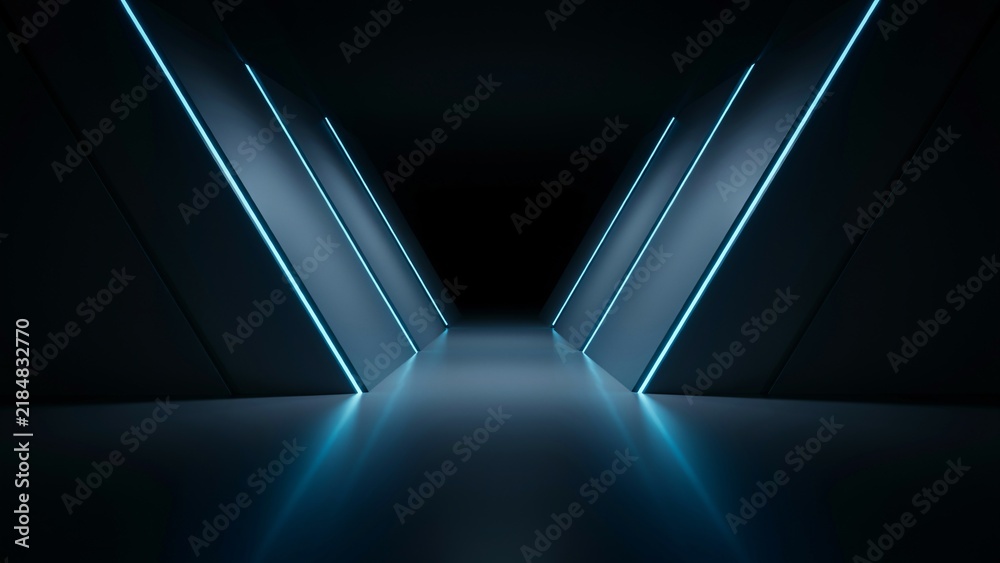 Fototapeta premium Dark corridor with angled walls and glowing blue neon light strips