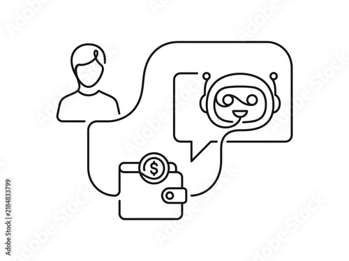 Modern Line Art Illustration of Customer Service Chatbot and Wallet, User Support and Payment Process, Digital Assistant Interface