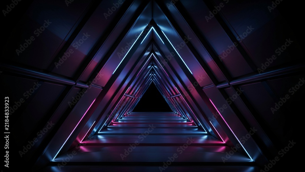 Fototapeta premium Triangular tunnel with neon blue and pink glowing edges