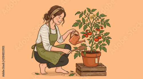 Woman Watering Potted Tomato Plant Vector Illustration