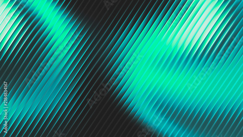 Abstract Fluted Glass Texture 3D Render, Glowing Cyan Emerald Light Distortion, Ribbed Glass Pattern Background – Parallel diagonal slatted glass lines catching bright cyan and neon turquoise