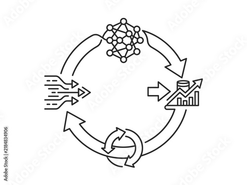 Circular logic business infographics concept vector. Continuous cycle with network, data, growth icons. Minimalist line art outline illustration for presentation diagram.
