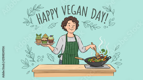 Happy Vegan Day! Vector Illustration of Woman Cooking Healthy Food