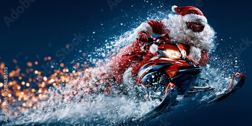 Santa Claus riding a red snowmobile through snow spray at night, wearing goggles and a festive hat, with warm bokeh lights in the background.