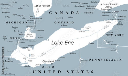 Lake Erie, one of five Great Lakes in North America, gray political map. Situated between the Canadian province of Ontario, and the U.S. states of Michigan, Ohio, Pennsylvania, and New York. Vector