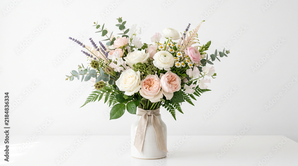 Fototapeta premium Vibrant bouquet of white, pink, and purple flowers in a rustic ceramic vase on a clean white surface
