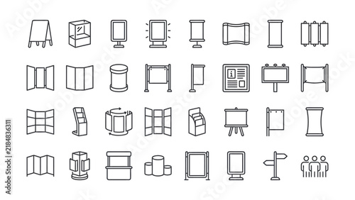 Set of thin line icons representing exhibition displays and advertising structures