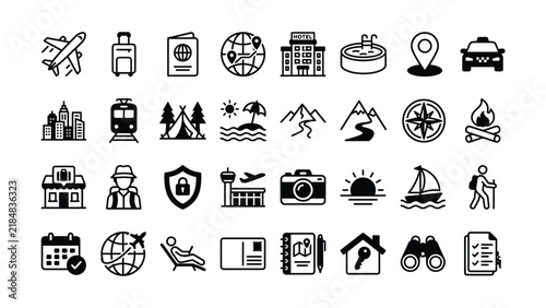 Set of travel and tourism related line icons representing vacation activities