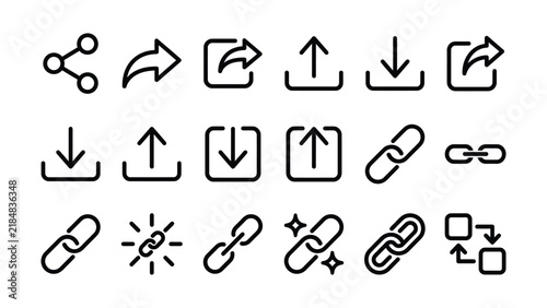 Set of web interface outline icons for share download upload and link functionality