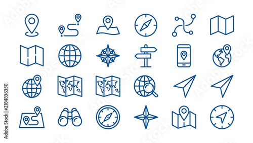 Set of thin line navigation and map icons for web design and mobile applications