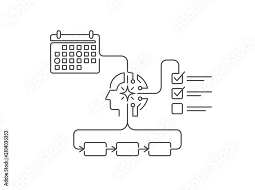 Project management and planning concept line icon. Human head thinking with organized workspace elements like calendar, checklist and process flow steps. Vector graphic illustration for business