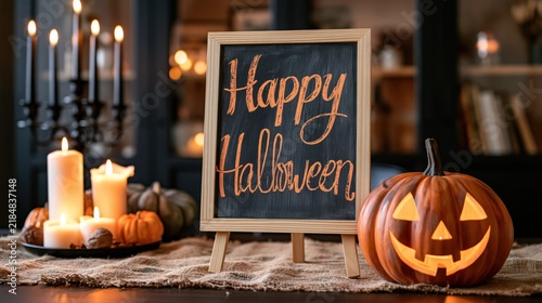 Festive Halloween chalkboard with jack-o-lantern and candles creates spooky ambiance