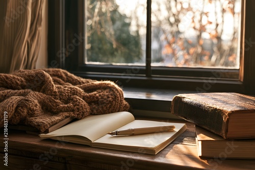 Cozy winter writing desk with blank page and pen