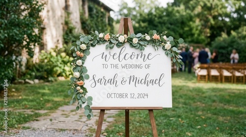 Elegant Wedding Welcome Sign Adorned With Lush Greenery and Delicate Flowers