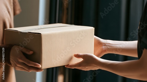 Delivery worker hands parcel to customer at doorway