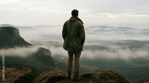 Solo traveler in khaki jacket overlooks misty valley