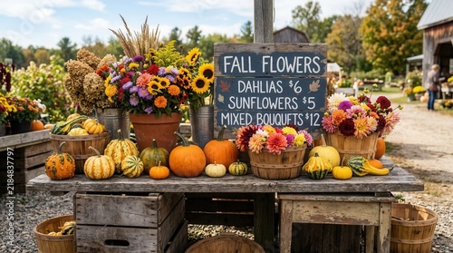 Farm Stand Harvest Abundance Vibrant Fall Flowers And Pumpkins