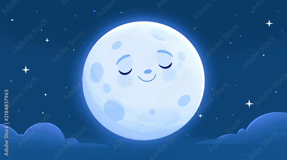 Fototapeta premium Cute smiling moon character with closed eyes in a starry night sky