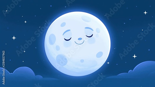 Cute smiling moon character with closed eyes in a starry night sky