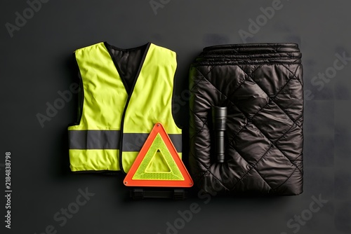 roadside safety kit flat lay with reflective vest and triangle