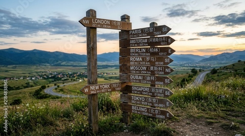 Global Travel Directions Signpost In Scenic Landscape At Dusk