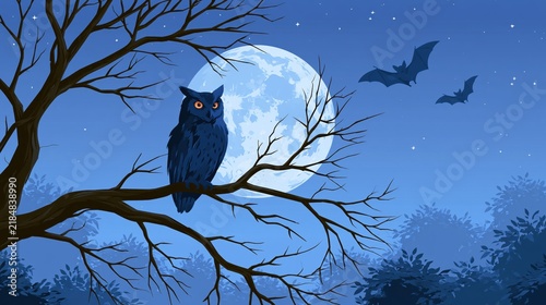 A solitary owl perches on a bare tree branch under a large full moon