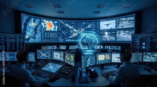 Control room with multiple screens displaying maps, data, and surveillance feeds, monitored by