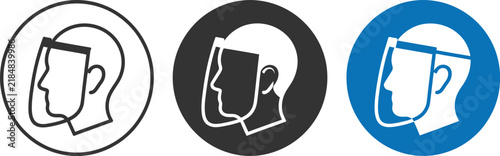 Protective face shield icons in different color styles on circular backgrounds for workplace safety and personal protection.