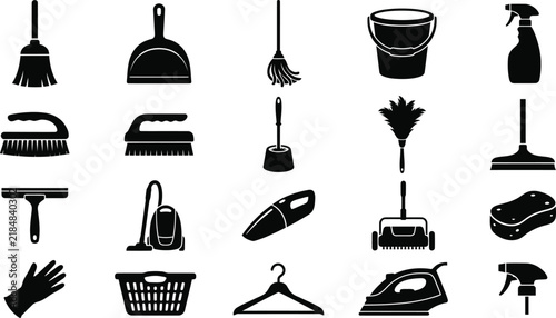 Set of black silhouette icons for house cleaning tools and equipment for home maintenance tasks isolated on transparent background, Vector