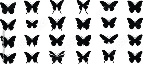 Set of black butterfly silhouettes in various shapes and sizes for design projects isolated on transparent background, Vector