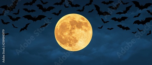 Full moon illuminates a swarm of bats flying across the night sky