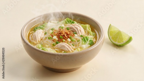 Small bowl of Indonesian soto ayam with golden clear broth. Food illustration concept