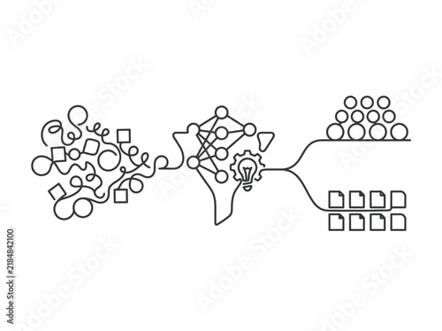 Chaotic Data Processing Vector Illustration. Creative Brainstorming and Business Process Diagram. Information Sorting and Organization Concept. Modern Black Line Art on White Background