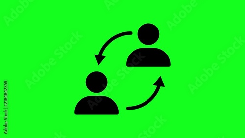 Animated icon of two people with circular arrows on a green background. interaction, communication, networking, and exchange animation. Looping video. Motion graphics.