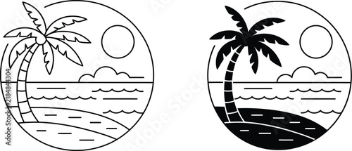 Tropical beach badge with palm tree and sun vector illustration for summer vacation, travel, tourism, and coastal designs.