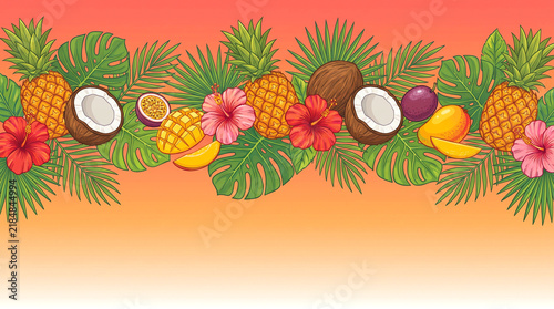 Tropical Fruits and Leaves Border on Orange Gradient Background