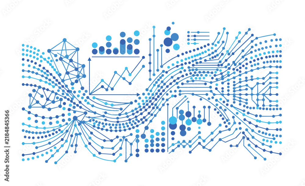 Obraz premium Abstract watercolor data visualization network with charts and flow lines representing big data analytics and technology connectivity.