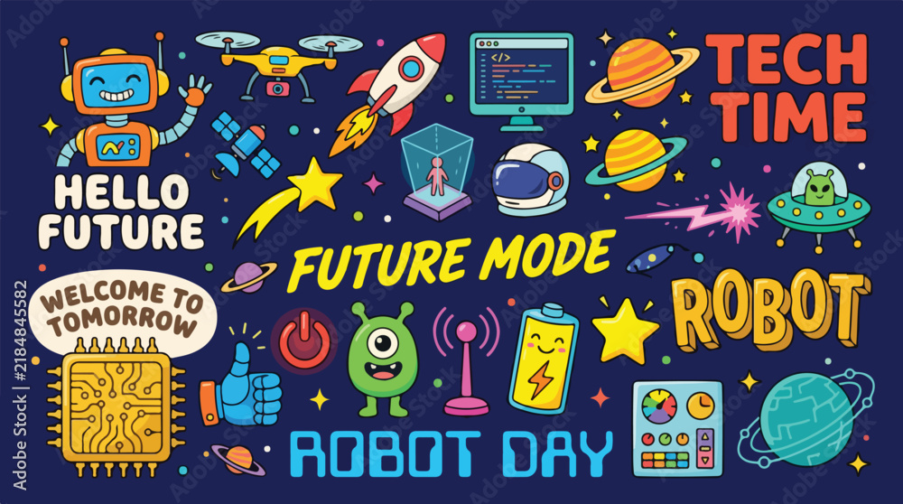 Fototapeta premium Futuristic technology elements and cute robots form a colorful doodle illustration banner about science and innovation.